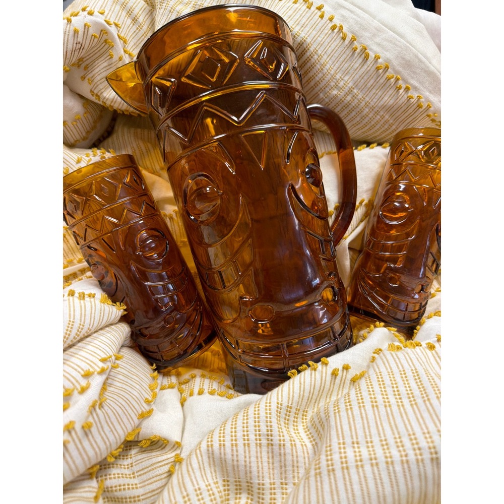 Vintage Amber Tiki Pitcher and Tumbler Set Translucent Plastic Brooks Eckerd